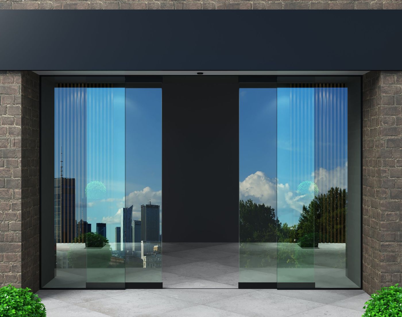 Floor-to-ceiling sliding glass doors with black frames set in a stone wall