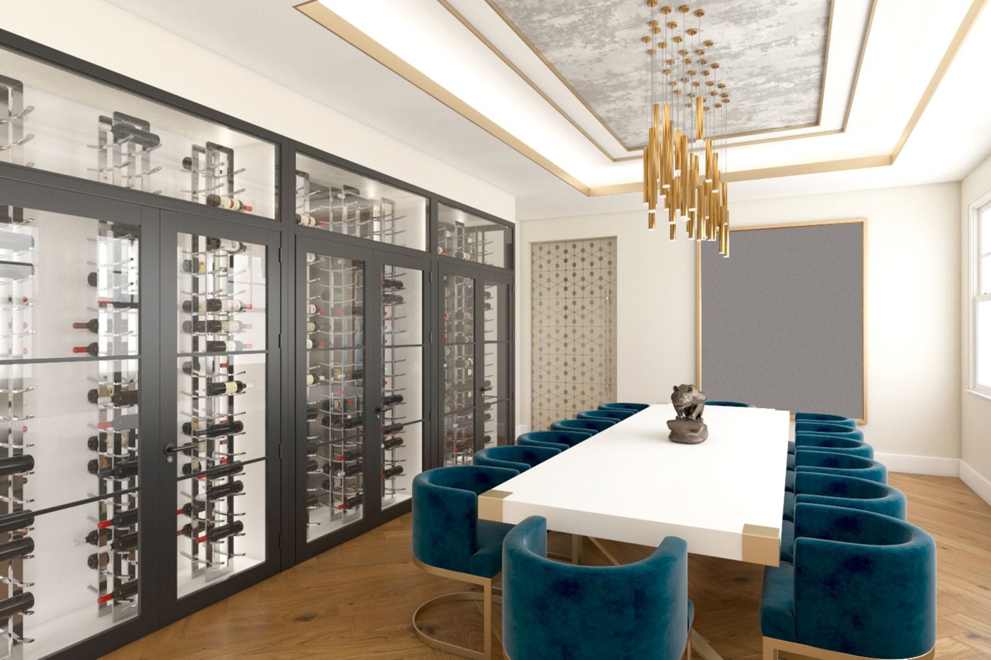 Dining room with a glass and steel wine wall